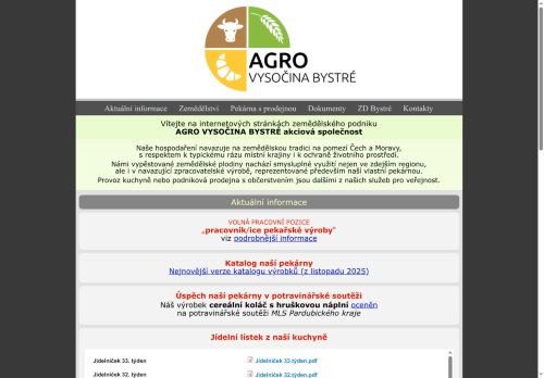 Webové stránky AGRO VYSOČINA BYSTRÉ akciová společnost, Bystré