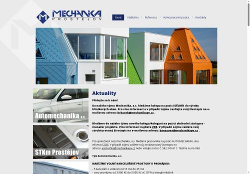 Webové stránky Mechanika, a.s., Prostějov
