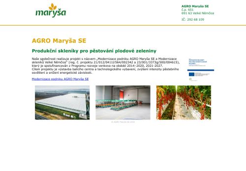Webové stránky AGRO Maryša SE, Velké Němčice