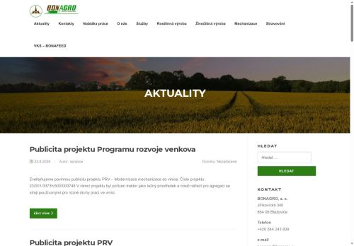 Webové stránky BONAGRO, a.s., Šlapanice
