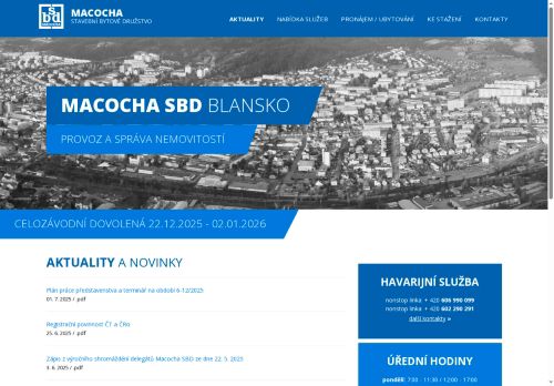 Webové stránky Macocha, stavební bytové družstvo, Blansko