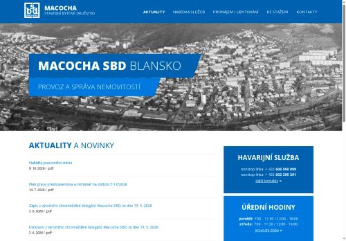 Webové stránky Macocha, stavební bytové družstvo, Blansko