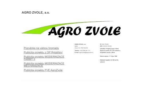 Webové stránky AGRO ZVOLE, a.s., Zvole